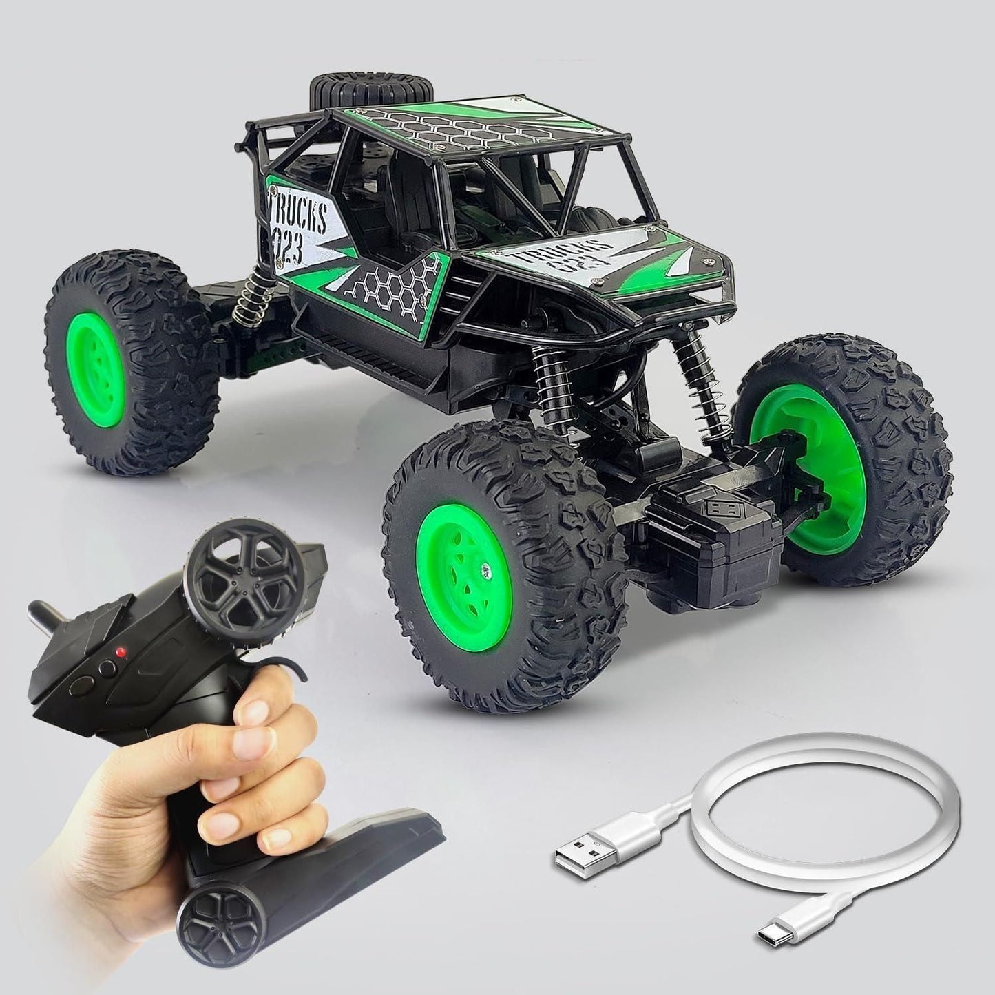 Rechargeable 4x4 RC Monster Truck – 2WD 2.4GHz Rock Crawler Rally Car (Green)