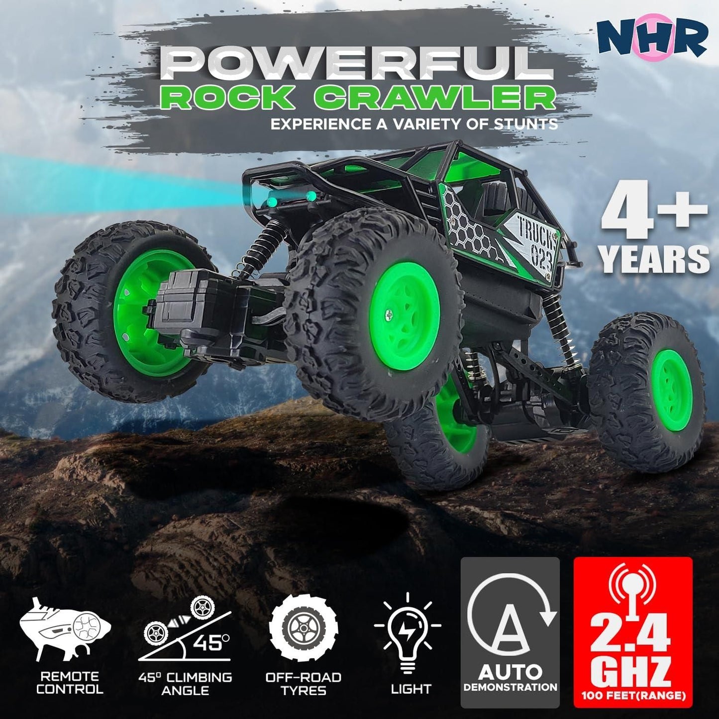 Rechargeable 4x4 RC Monster Truck – 2WD 2.4GHz Rock Crawler Rally Car (Green)