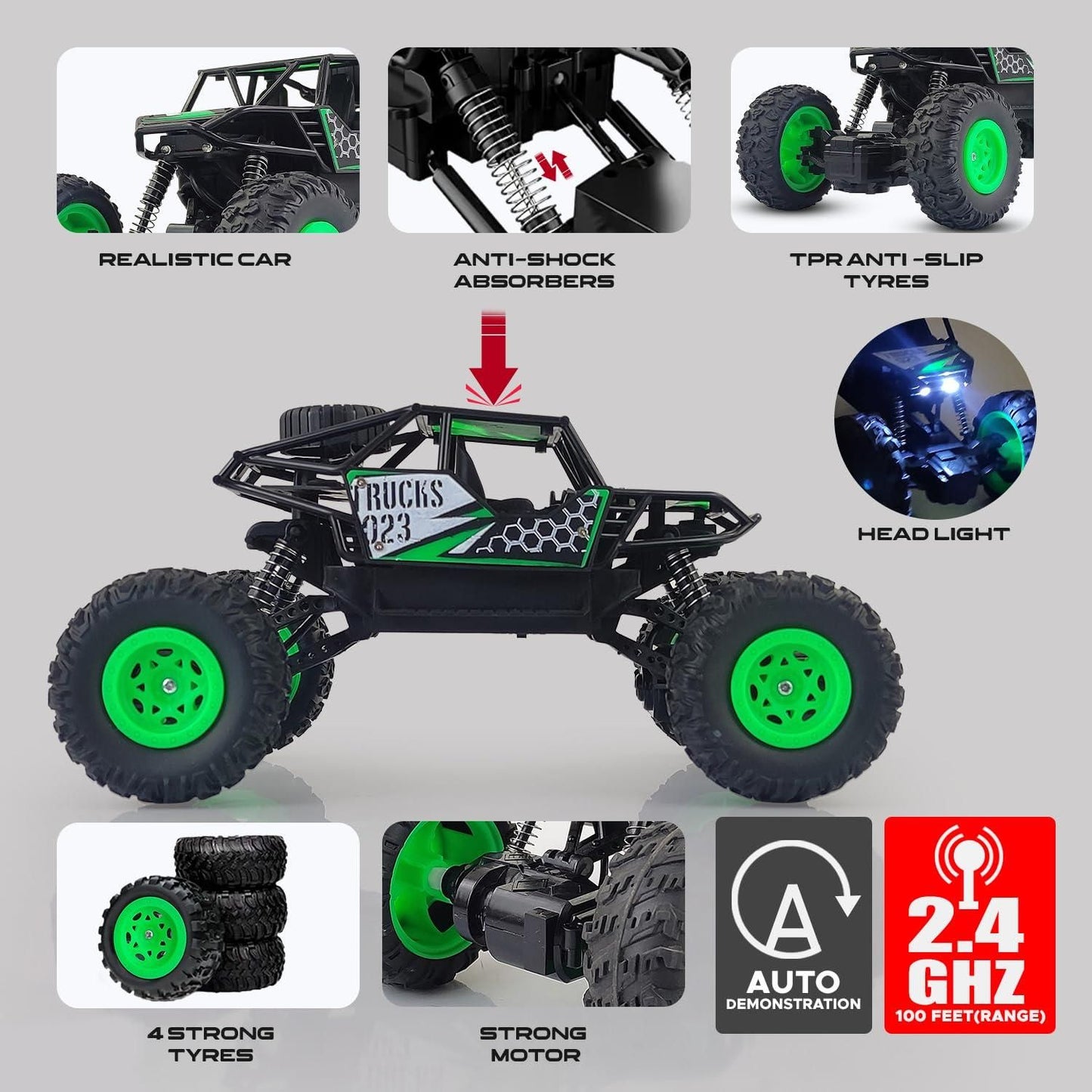 Rechargeable 4x4 RC Monster Truck – 2WD 2.4GHz Rock Crawler Rally Car (Green)